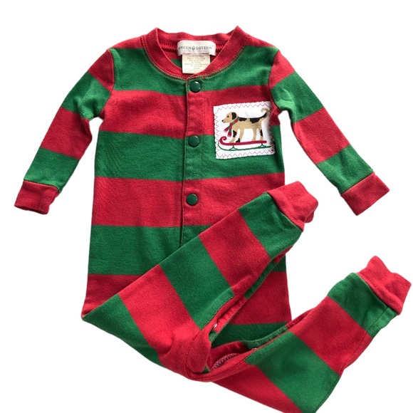 Green Cotton Red & Green Stripe Christmas Dog Pajamas Playsuit Boys 6M - Picture 1 of 5